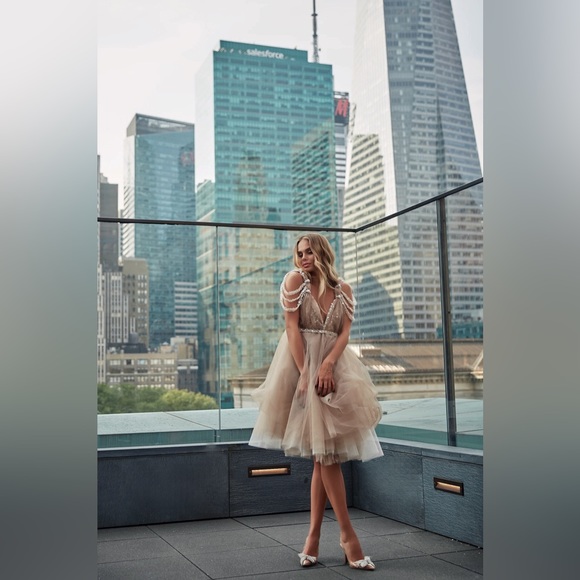 Beige cocktail dress, Beaded evening Midi dress, Airy Party dress,Wedding beige - Picture 4 of 14